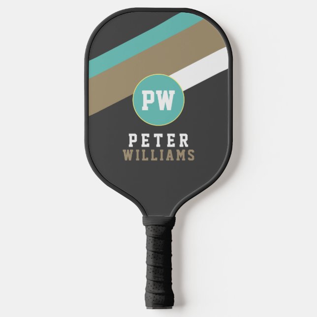 Player's Name on Striped Dark Grey Pickleball Paddle (Front)