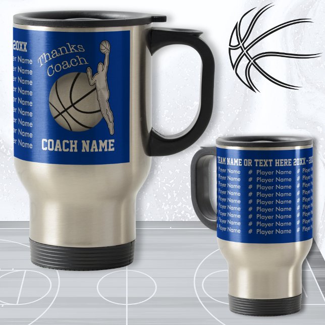 Player's Names Basketball Coach Gifts PERSONALIZED Travel Mug (Personalized Basketball gifts for coaches, players names. Gifts for Basketball Coach. Blue Silver.)