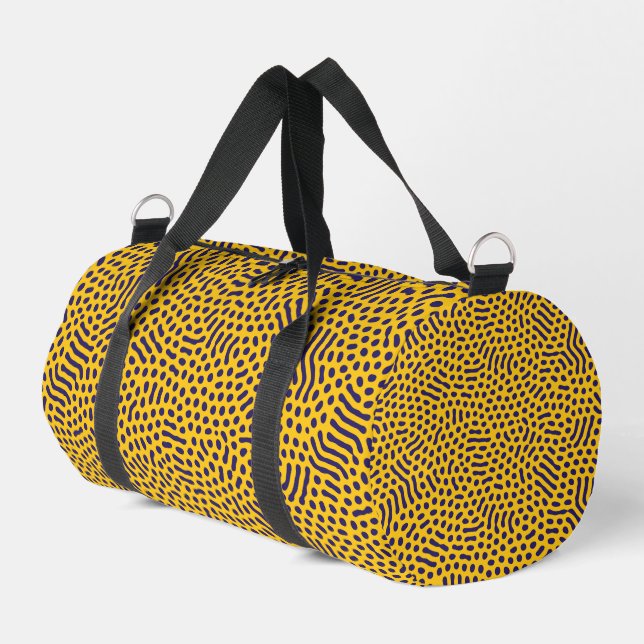 Playful Abstract Pattern: Navy Dots on Yellow Back Duffle Bag (Left Corner)