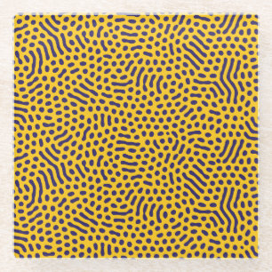 Playful Abstract Pattern: Navy Dots on Yellow Back Glass Coaster