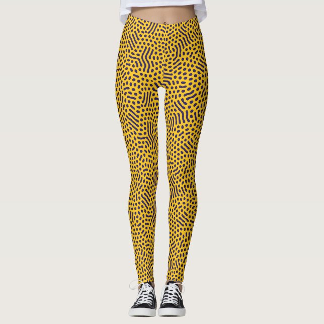 Playful Abstract Pattern: Navy Dots on Yellow Back Leggings (Front)