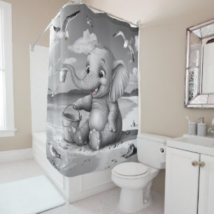 Playful Baby Elephant Beach Adventure Adorable Fun Shower Curtain