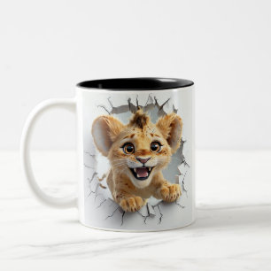 Playful Baby Lion appears through breaking wall Two-Tone Coffee Mug