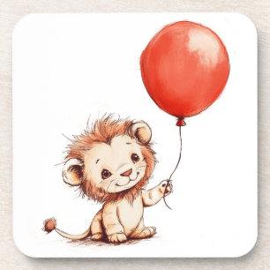 Playful Baby Lion with Red Balloon Coaster
