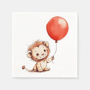 Playful Baby Lion with Red Balloon Napkin