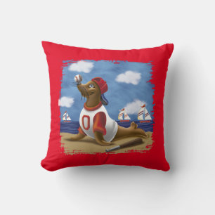 Playful Baseball Seal – Fun Ocean Art for Kids Red Cushion
