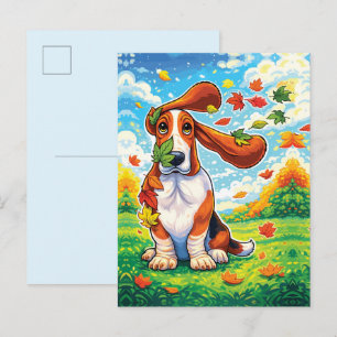 Playful Basset Hound Autumn Leaves Cartoon Postcard
