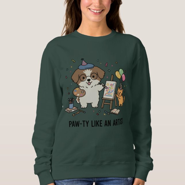 Playful Beagle Painter Dog with Ginger Kitten Art Sweatshirt (Front)