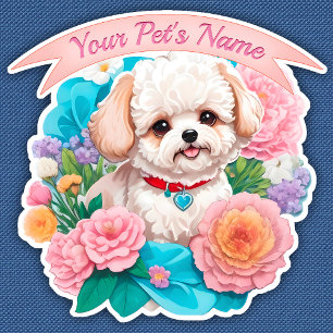Playful  Bichon Frisé, colorful assorted flowers