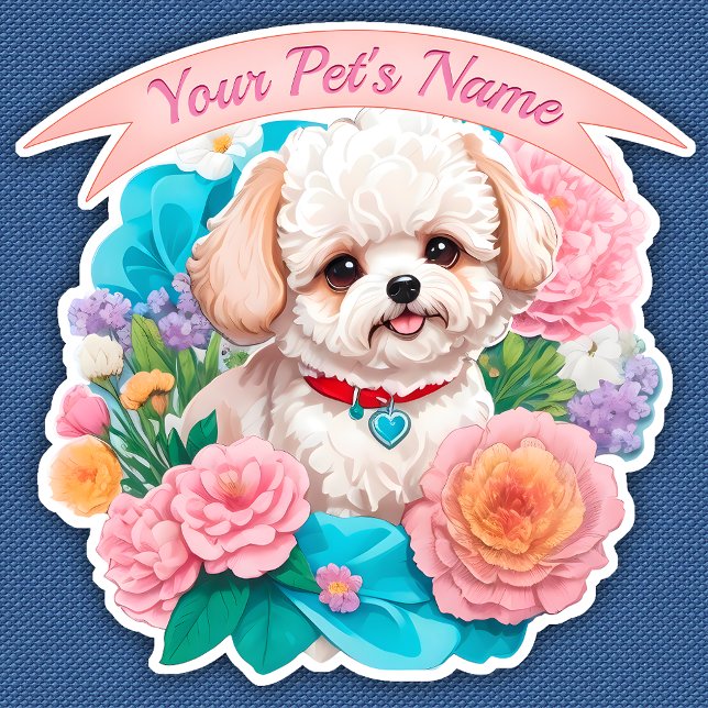 Playful  Bichon Frisé, colourful assorted flowers (Creator Uploaded)