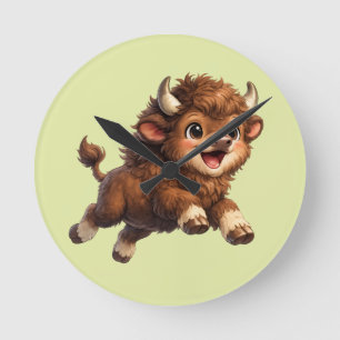 Playful Bison Running Wild in a Charming Cosy Round Clock