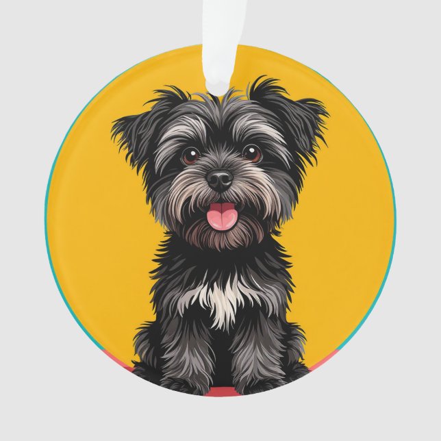 Playful Black And Gray Terrier Puppy Portrait Ornament (Front)
