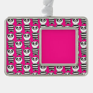 Playful Black and White Panda Art Silver Plated Framed Ornament