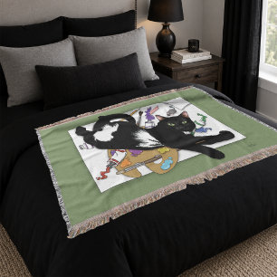 Playful Black Artist Cat Painting Humour Green Throw Blanket
