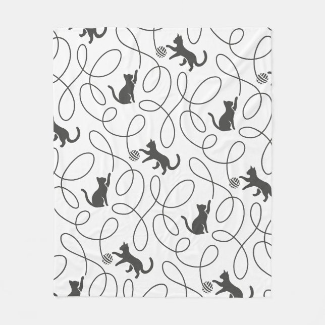 Playful Black Cat and Yarn Ball Pattern Fleece Blanket (Front)