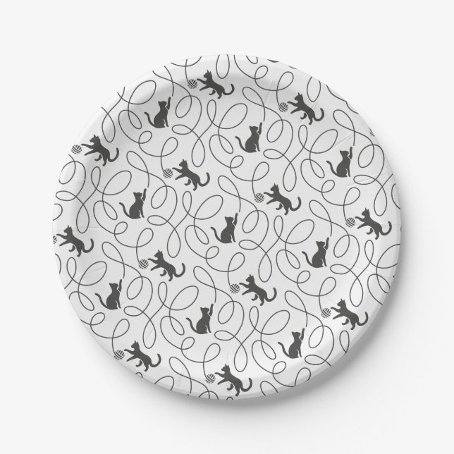 Playful Black Cat and Yarn Ball Pattern Paper Plate (Front)