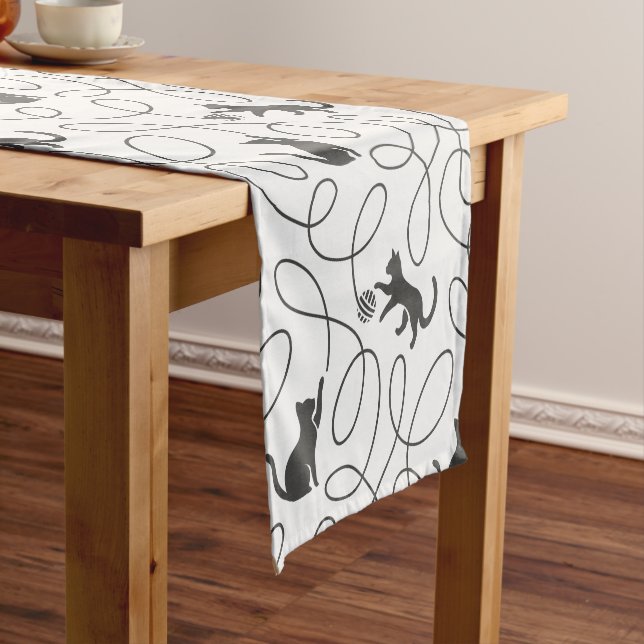 Playful Black Cat and Yarn Ball Pattern Short Table Runner (In Situ)
