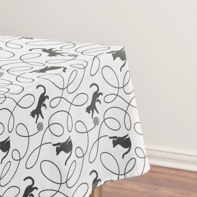 Playful Black Cat and Yarn Ball Pattern Tablecloth (In Situ)