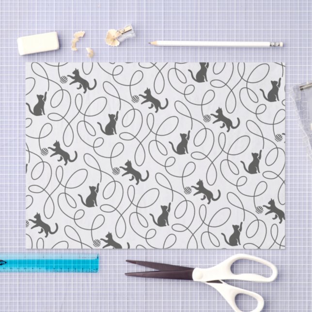 Playful Black Cat and Yarn Ball Pattern Tissue Paper (Craft)