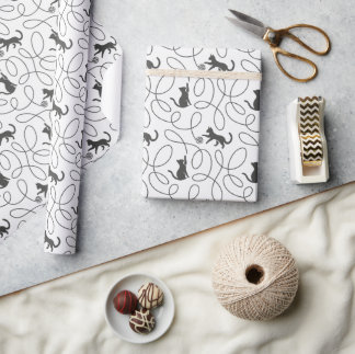Playful Black Cat and Yarn Ball Pattern Wrapping Paper