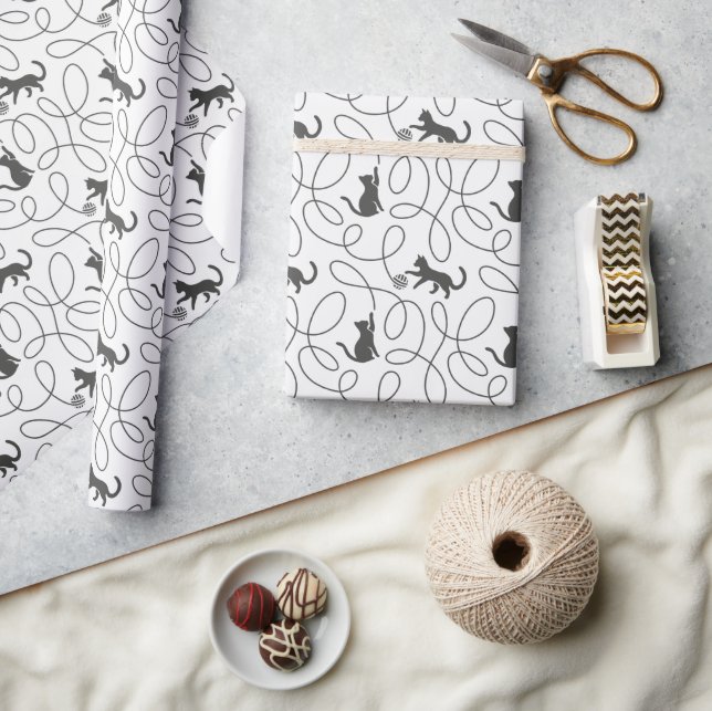 Playful Black Cat and Yarn Ball Pattern Wrapping Paper (Crafts)