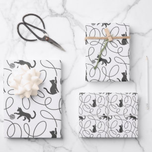 Playful Black Cat and Yarn Ball Pattern Wrapping Paper Sheet