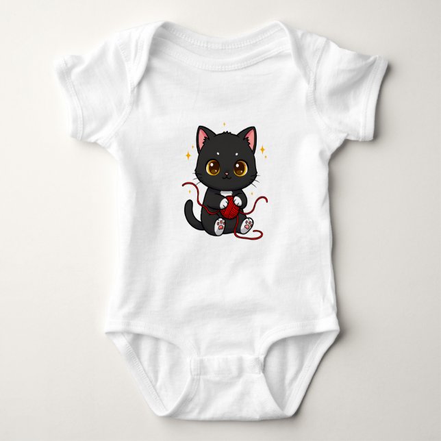 Playful Black Cat Chibi Design Baby Bodysuit (Front)