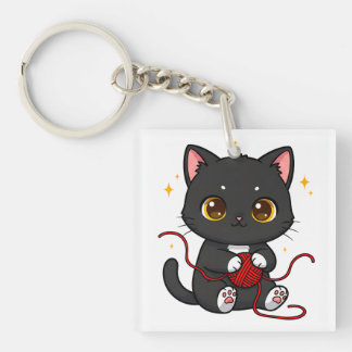 Playful Black Cat Chibi Design Key Ring