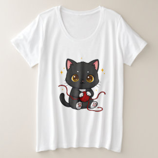 Playful Black Cat Chibi Design Plus Size T-Shirt
