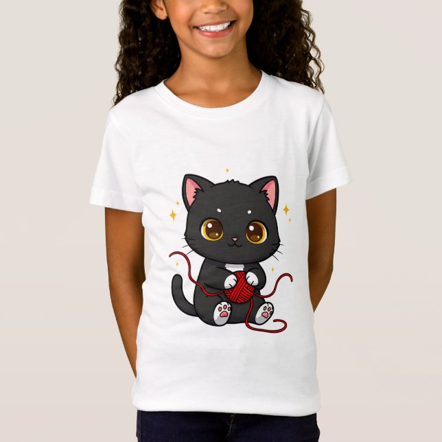 Playful Black Cat Chibi Design T-Shirt (Front)
