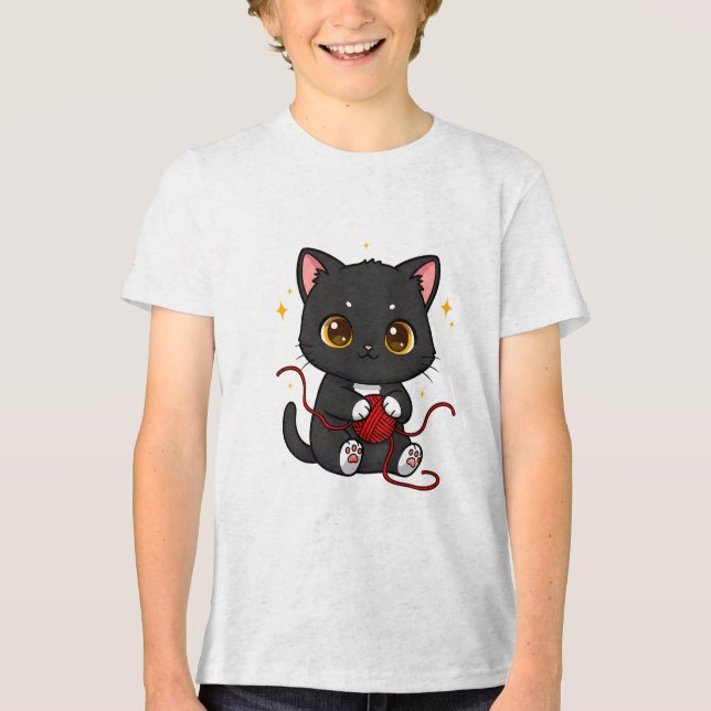 Playful Black Cat Chibi Design Tri-Blend Shirt (Front)