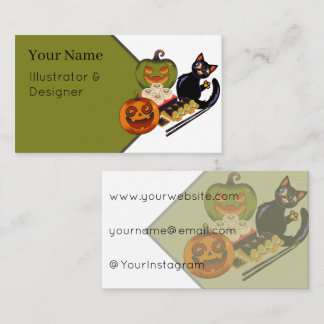 Playful Black Cat & Dizzy Pumpkin Temaki Sushi Business Card