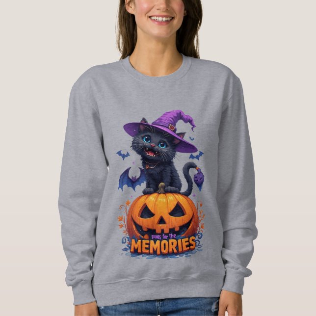 Playful Black Cat in Witch Hat Sweatshirt (Front)