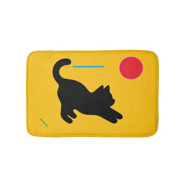 Playful Black Cat on Yellow Bath Mat (Front)