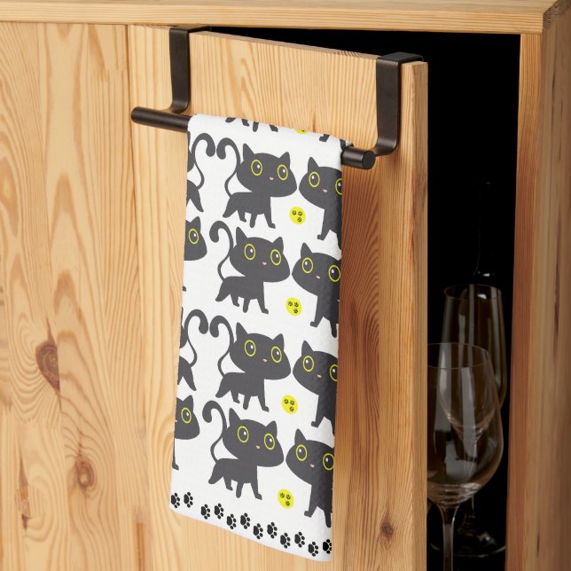 Playful Black Cat Pattern Design Tea Towel (Thirds Fold)