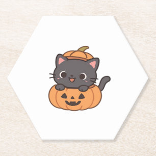 Playful Black Cat Popping Out of Pumpkin T-Shirt - Paper Coaster