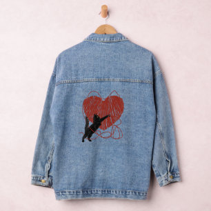 Playful Black Cat Unraveling Red Heart Denim Jacket
