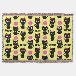 Playful Black Cats With Yarn Balls Pattern Throw Blanket
