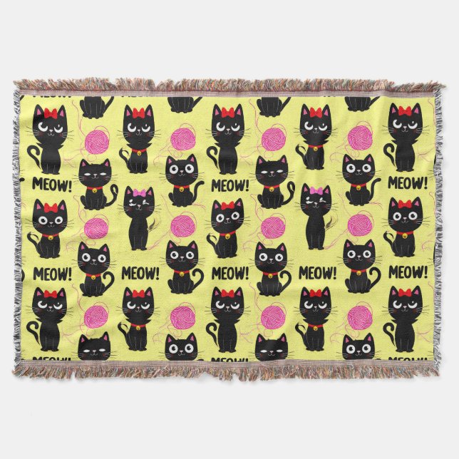 Playful Black Cats With Yarn Balls Pattern Throw Blanket (Front)