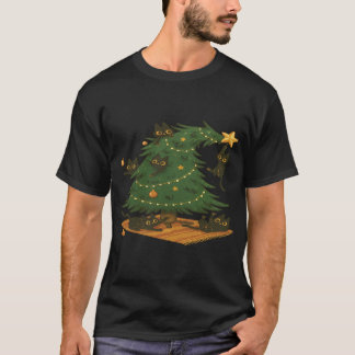 Playful Black Cats Wrecking Christmas Tree T-Shirt