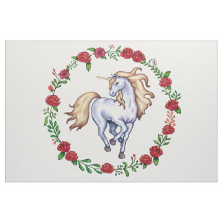 Playful Blonde Unicorn in a Circle of Red Roses Fabric