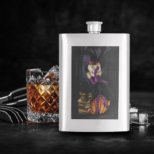 Playful Blonde Witch Pumpkin Purple Fantasy Hip Flask