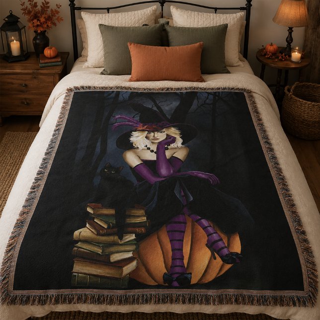 Playful Blonde Witch Pumpkin Purple Fantasy  Throw Blanket (Creator Uploaded)