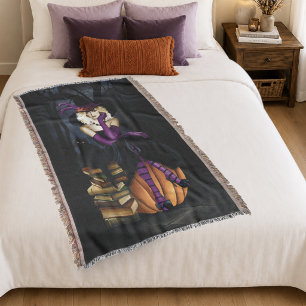 Playful Blonde Witch Pumpkin Purple Fantasy Throw Blanket