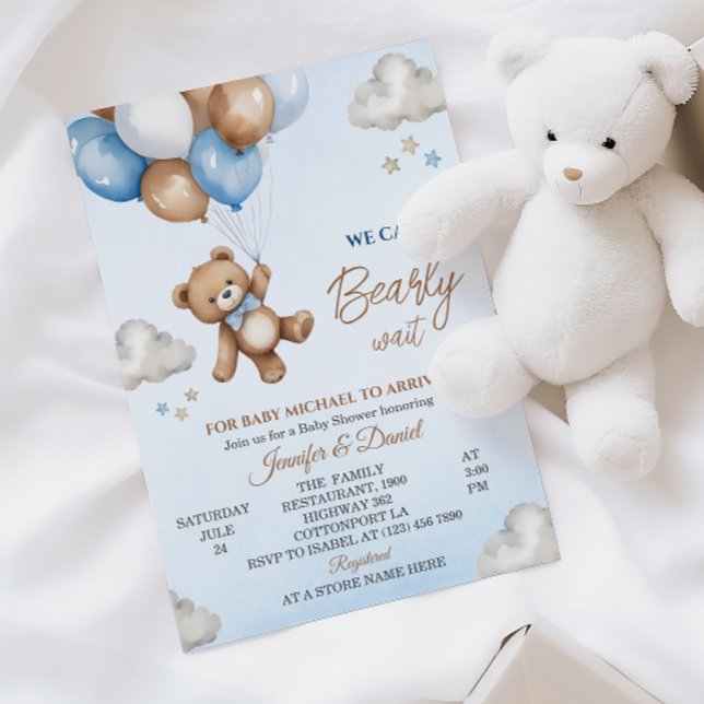 Playful Blue Brown Bear Cloudy Sky Baby Shower Invitation (Creator Uploaded)
