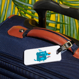 Playful Blue Cartoon Monster with Party Hat Luggage Tag