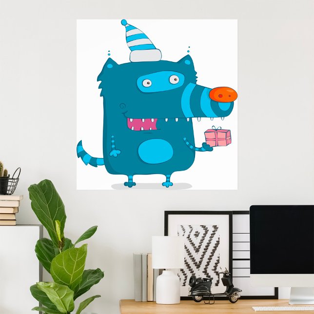 Playful Blue Cartoon Monster with Party Hat Poster (Creator Uploaded)