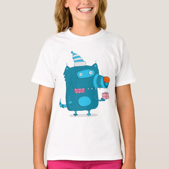 Playful Blue Cartoon Monster with Party Hat T-Shirt (Front)