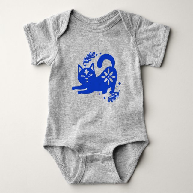 Playful Blue Cat Baby Bodysuit – CozyBun (Front)