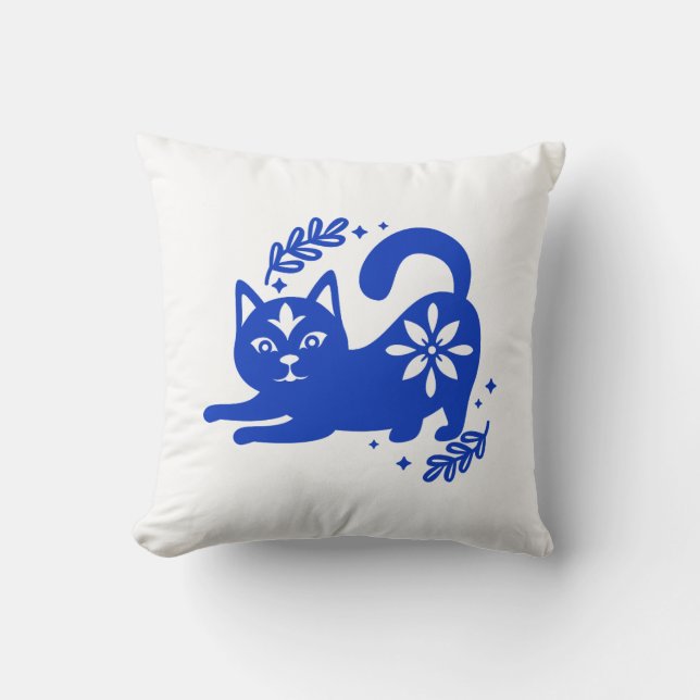 Playful Blue Cat Throw Pillow – CozyBun (Front)